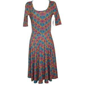 NEW Lularoe Geometric Nicole Dress Sz XS Orange Blue Pink Brown A-Line